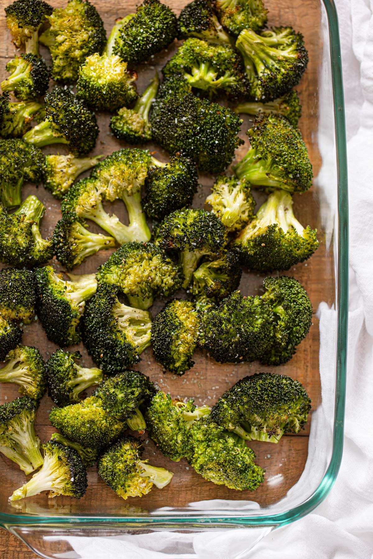 Roasted Broccoli in glass baking dish