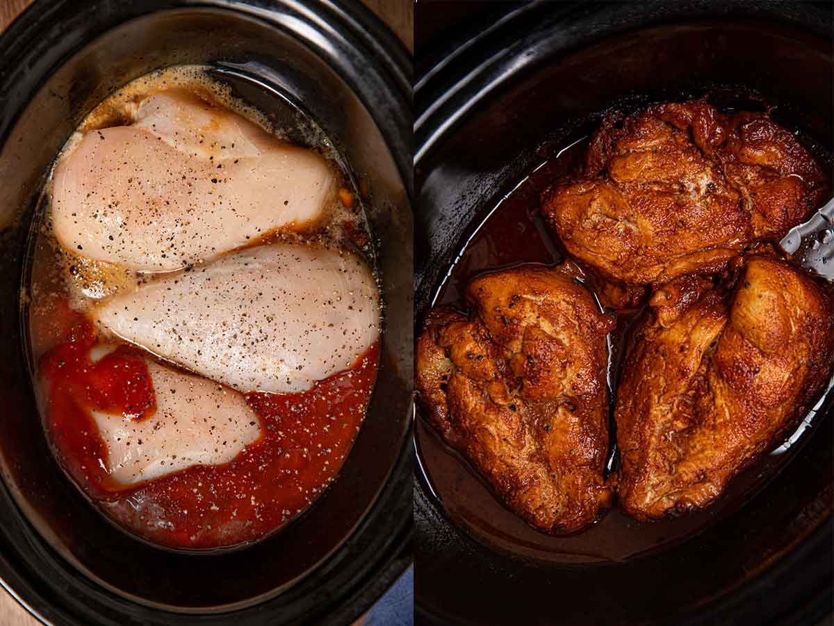 Slow Cooker Root Beer Chicken before and after